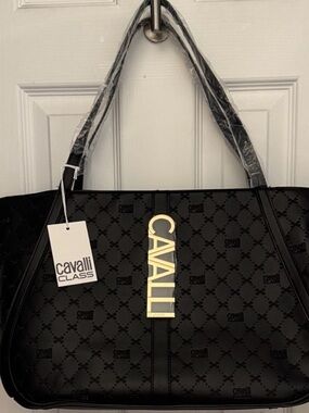 Cavalli Class Black Tote Bag with Gold Logo
